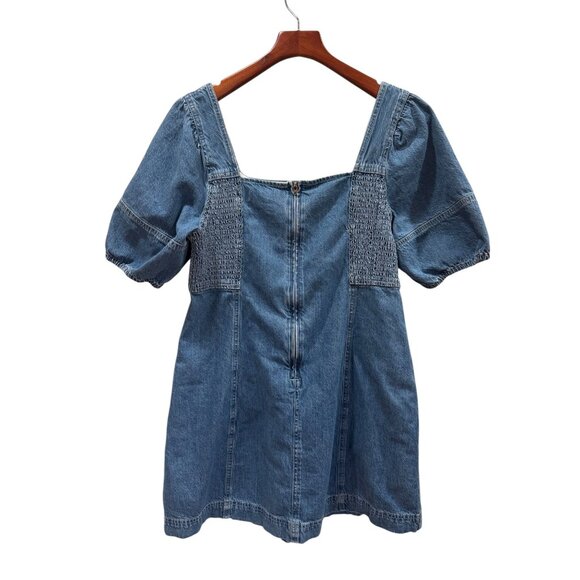Madewell Denim Puff Sleeve Mini Dress Women’s Sz 12 Blue Jean Square Neck Casual - Picture 2 of 6